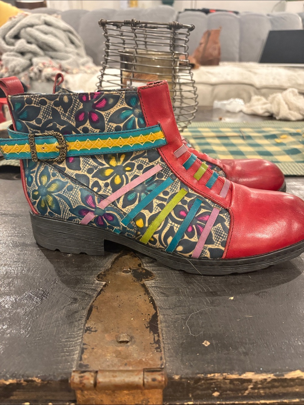 Women's Red Multi-Color Patterned Ankle Booties - Picture 2 of 5